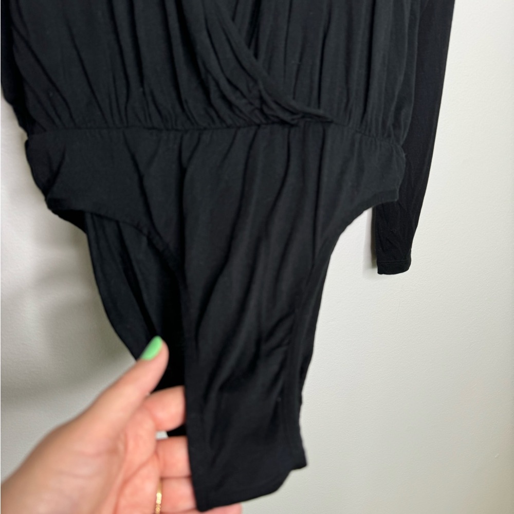American Apparel Black Long Sleeve Wrap-Front Bodysuit - Picture 4 of 6